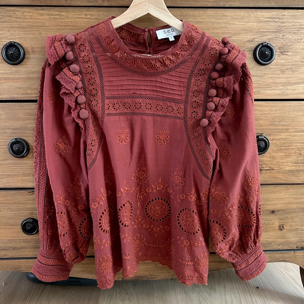 Sea New York Pom Pom Eyelet Lace Embroidered Top
